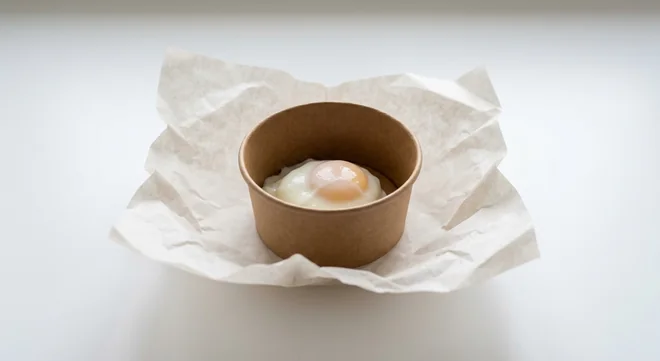 LEON Poached Egg Pot (Single Egg), one soft poached egg in a small kraft pot on white paper, nutrition and calories