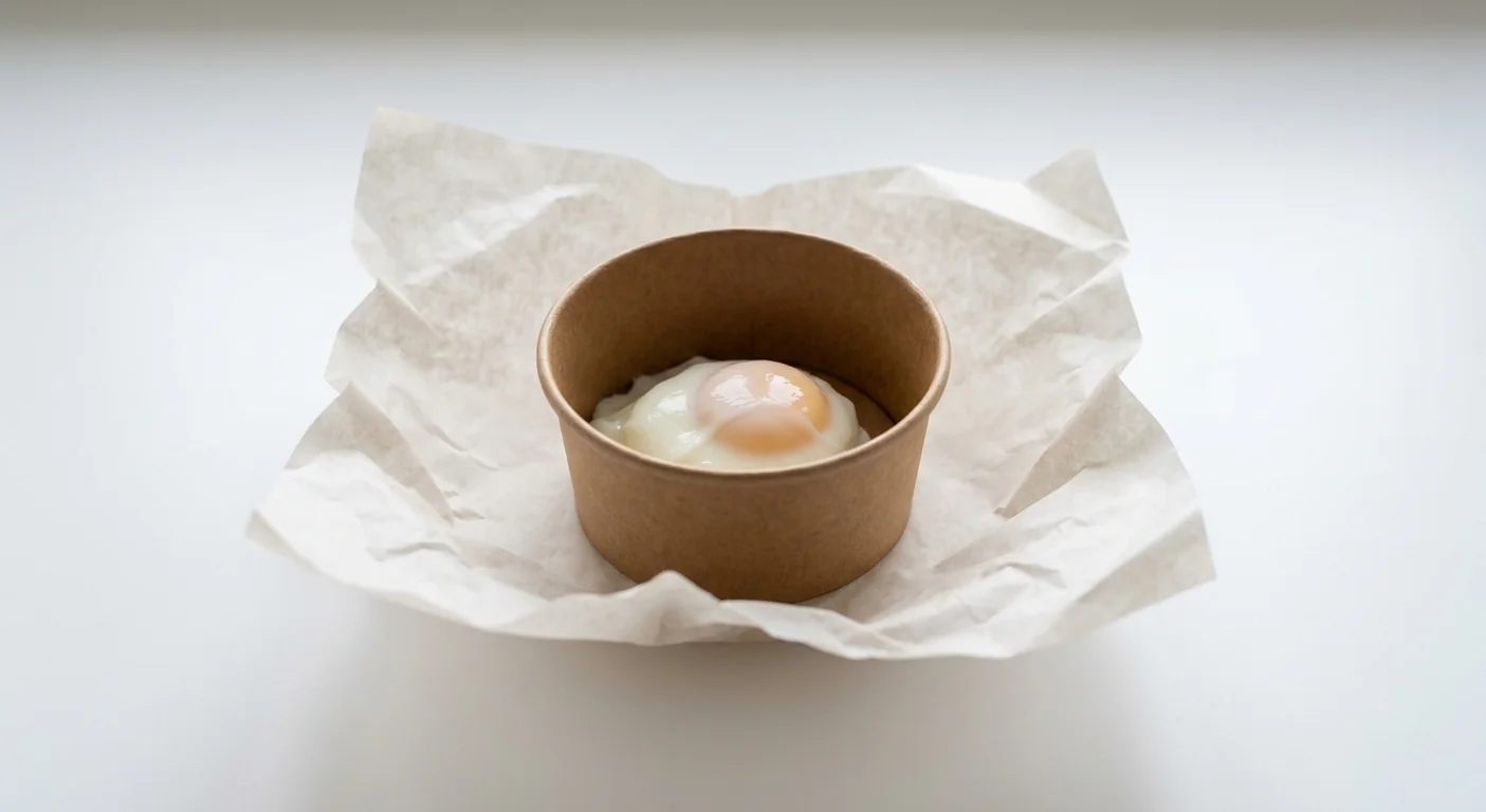 LEON Poached Egg Pot (Single Egg), one soft poached egg in a small kraft pot on white paper, nutrition and calories