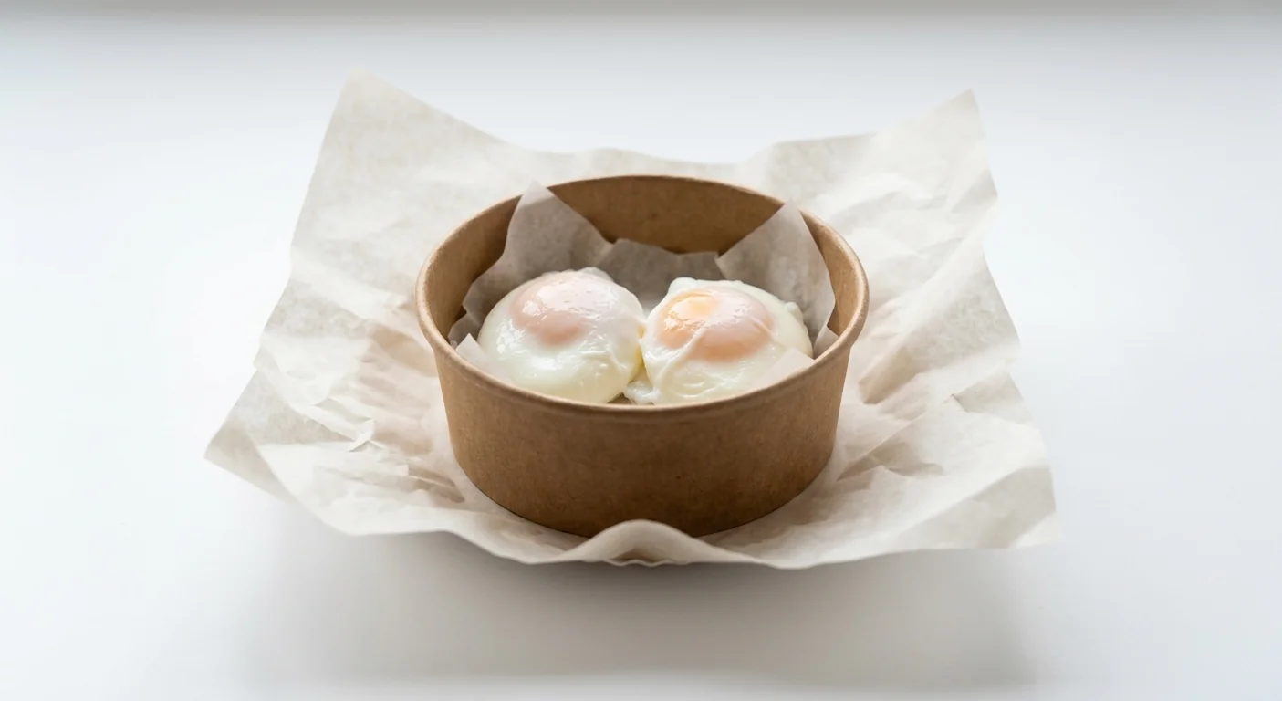 LEON Poached Egg Pot (Double Egg), two soft poached eggs in a small kraft pot on white paper, nutrition and calories