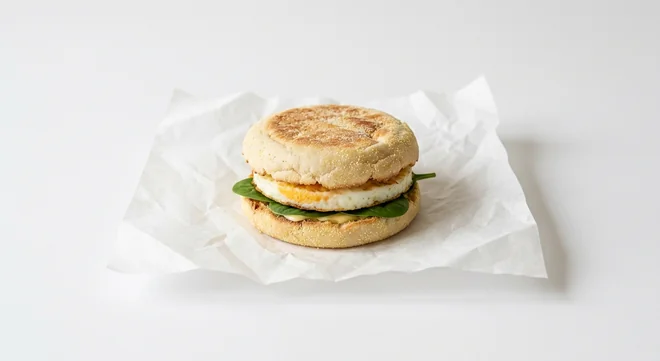 LEON Kids Egg Muffin, sourdough muffin with egg, butter and spinach on white paper, nutrition and calories