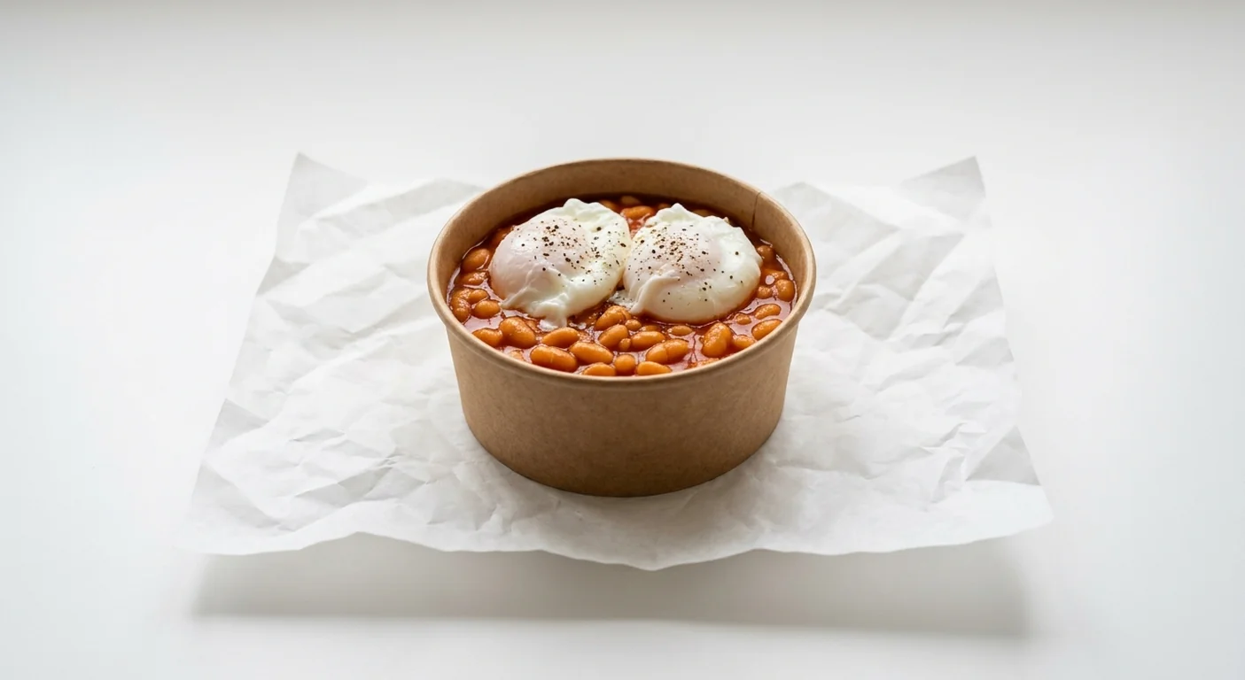 LEON Saucy Beans Poached Egg Pot (Double Egg), baked beans topped with two poached eggs in a small kraft pot on white paper, nutrition and calories