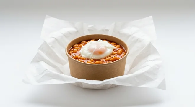 LEON Saucy Beans Poached Egg Pot (Single Egg), baked beans topped with a poached egg in a small kraft pot on white paper, nutrition and calories
