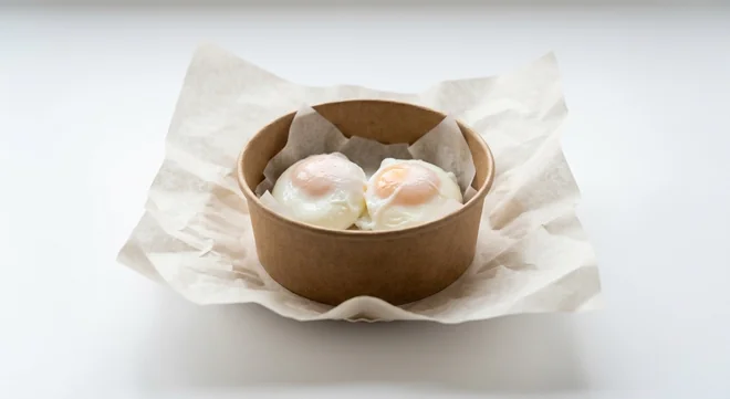 LEON Poached Egg Pot (Double Egg), two soft poached eggs in a small kraft pot on white paper, nutrition and calories