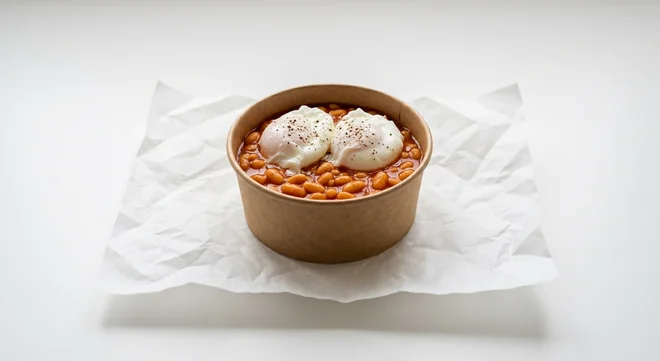 LEON Saucy Beans Poached Egg Pot (Double Egg), baked beans topped with two poached eggs in a small kraft pot on white paper, nutrition and calories