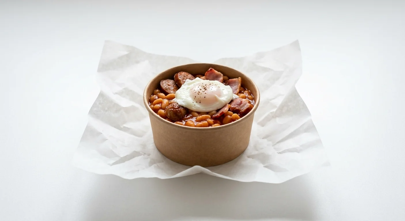 LEON Full English Poached Egg Pot (Single Egg), baked beans, Cumberland sausage, bacon and a poached egg in a small kraft pot on white paper, nutrition and calories