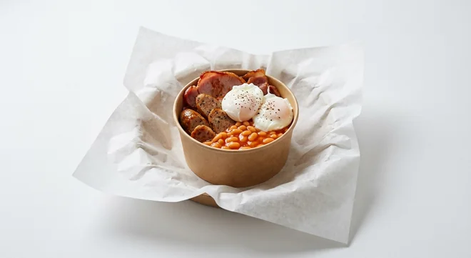 LEON Full English Poached Egg Pot (Double Egg), baked beans, Cumberland sausage, bacon and two poached eggs in a small kraft pot on white paper, nutrition and calories