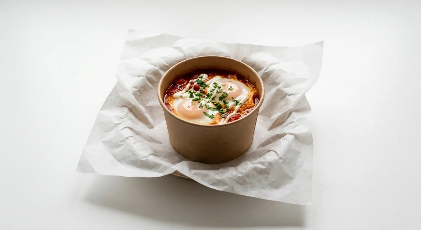 LEON Shakshuka Poached Egg Pot (Double Egg), spiced tomato shakshuka with two poached eggs, aioli and parsley in a small kraft pot on white paper, nutrition and calories