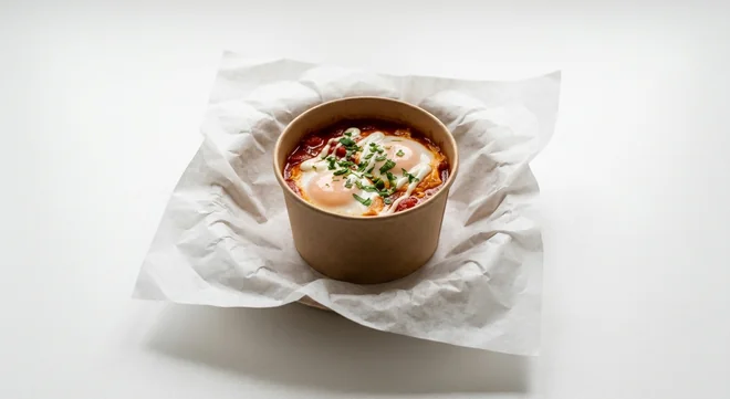 LEON Shakshuka Poached Egg Pot (Double Egg), spiced tomato shakshuka with two poached eggs, aioli and parsley in a small kraft pot on white paper, nutrition and calories