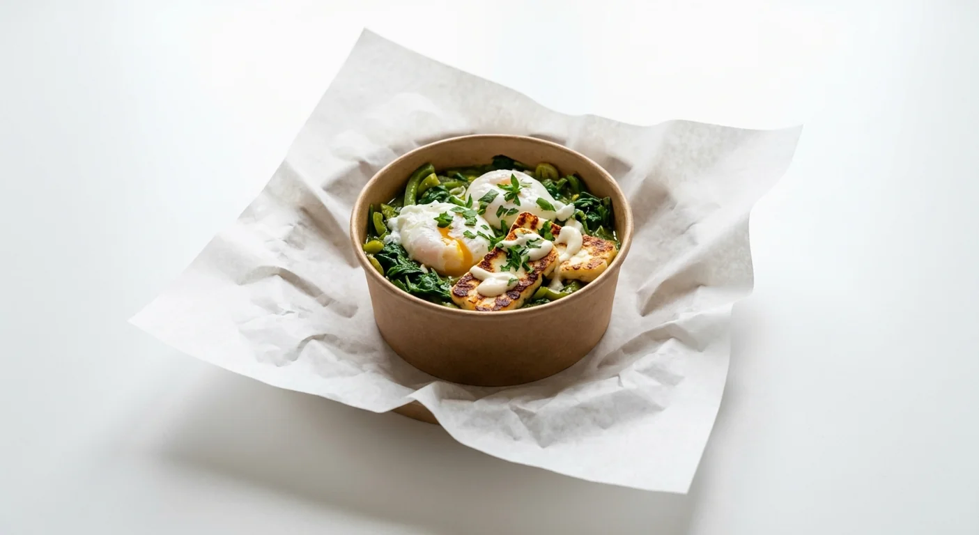 LEON Green Shakshuka and Halloumi Poached Egg Pot (Double Egg), green spinach shakshuka with two poached eggs, grilled halloumi and aioli in a small kraft pot on white paper, nutrition and calories