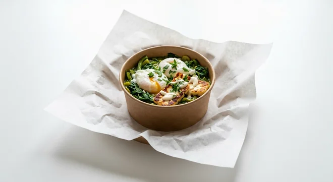 LEON Green Shakshuka and Halloumi Poached Egg Pot (Double Egg), green spinach shakshuka with two poached eggs, grilled halloumi and aioli in a small kraft pot on white paper, nutrition and calories