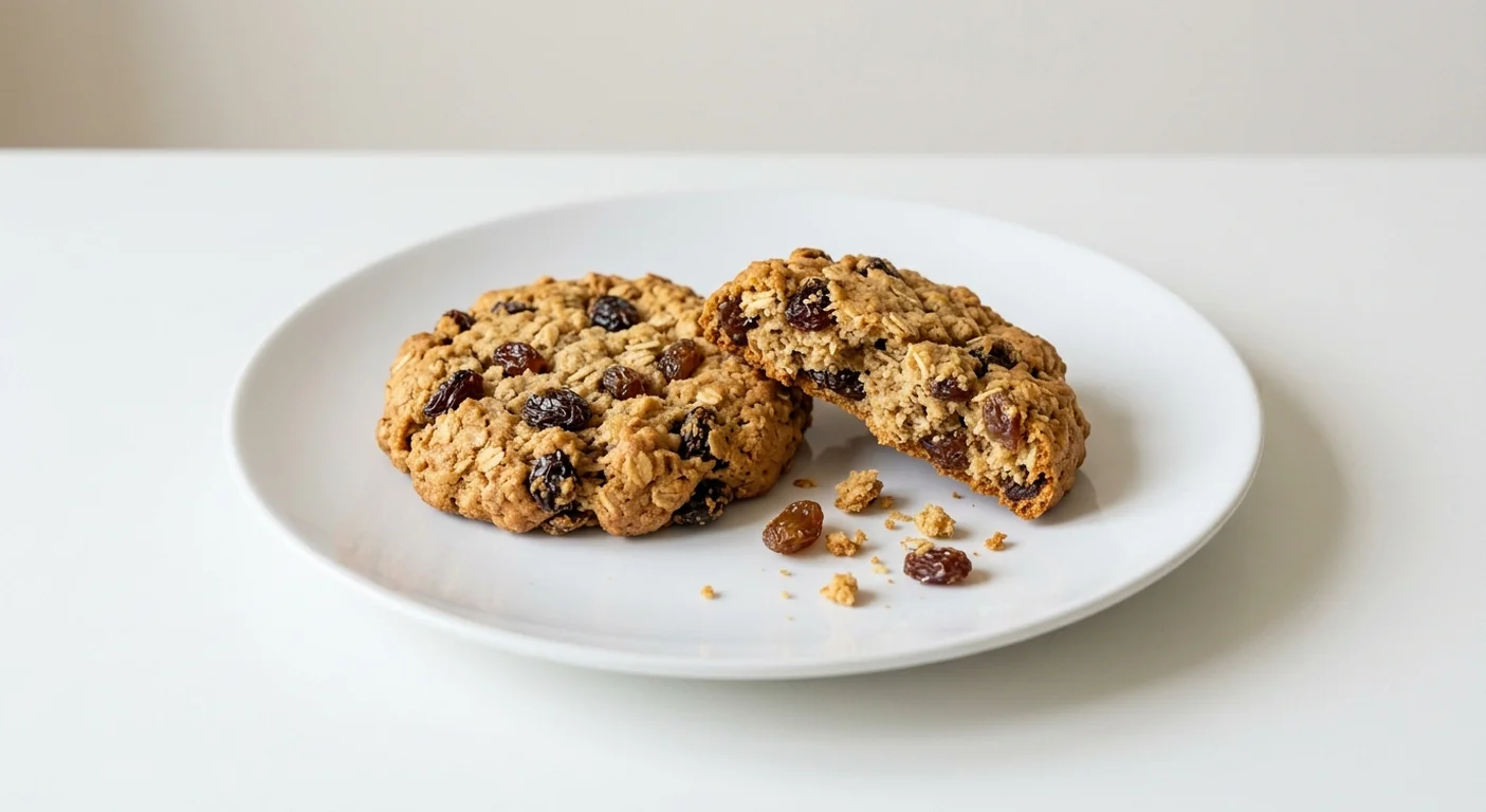 Costa Fruit & Oat Biscuits, oat biscuits with raisins, one broken in half, on a white plate, nutrition and calories