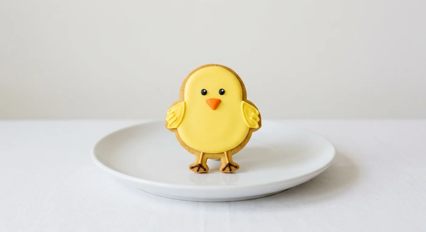 Costa Iced Chick Gingerbread Biscuit, chick-shaped gingerbread biscuit with yellow icing on a white plate, nutrition and calories