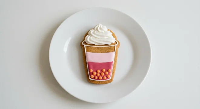Costa Bubble Frappe Gingerbread Biscuit, gingerbread biscuit shaped like a frappé cup with pink icing and whipped cream piping on a white plate, nutrition and calories