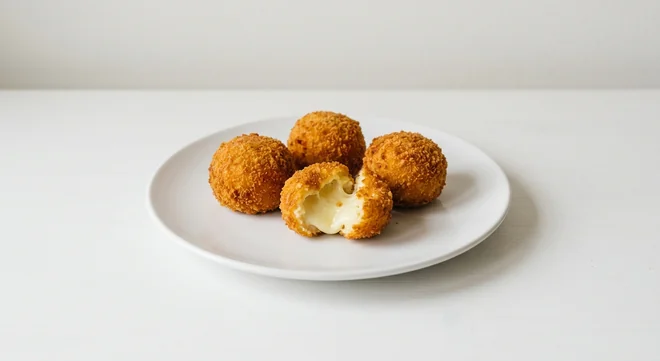 Costa Cheese Bites, breaded cheese bites, one broken open to show melted cheese, on a white plate, nutrition and calories