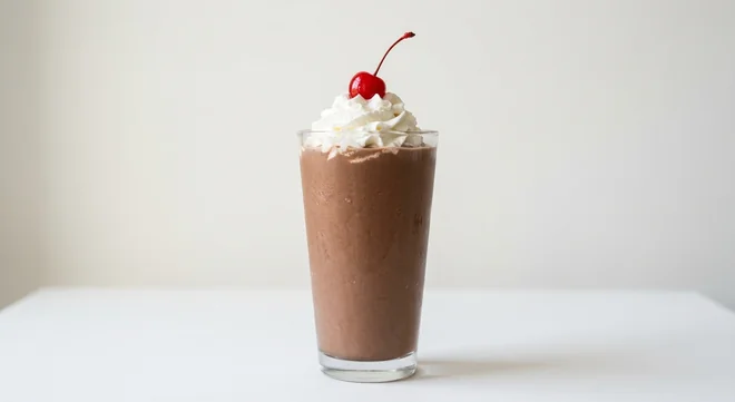 Chick-fil-A Chocolate Milkshake, chocolate milkshake topped with whipped cream and a cherry in a tall glass, nutrition and calories