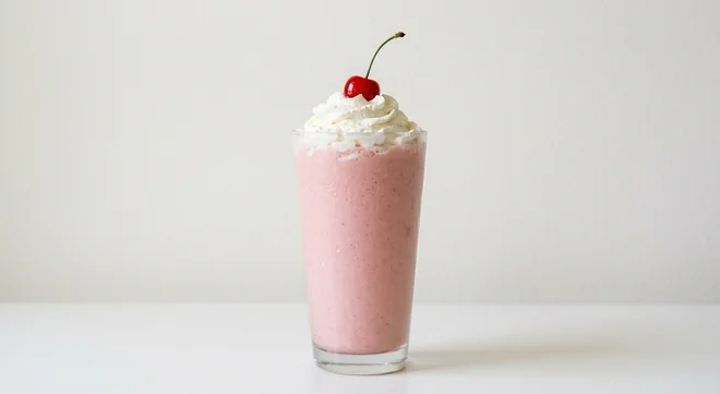 Chick-fil-A Strawberry Milkshake, pink strawberry milkshake topped with whipped cream and a cherry in a tall glass, nutrition and calories