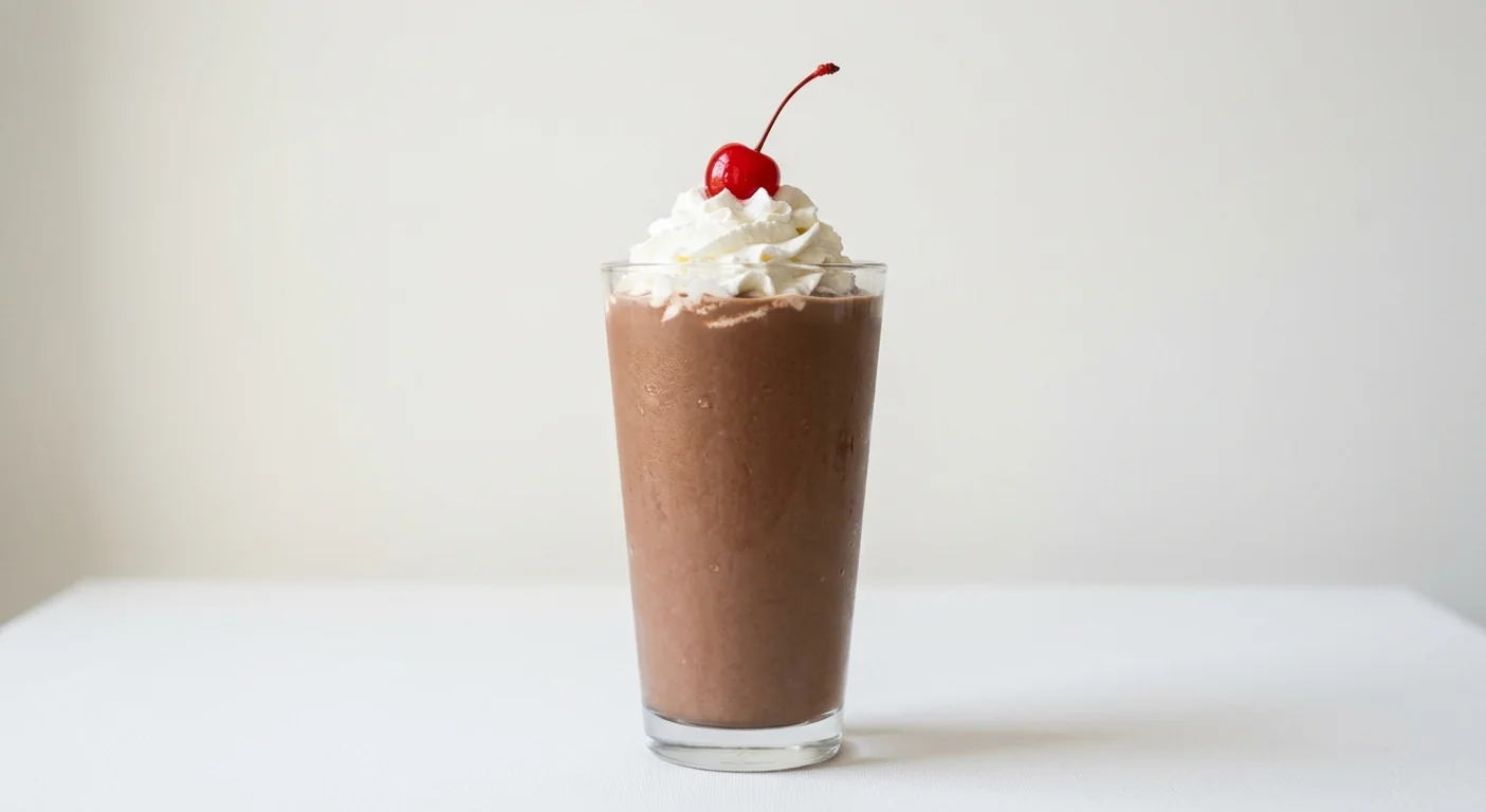 Chick-fil-A Chocolate Milkshake, chocolate milkshake topped with whipped cream and a cherry in a tall glass, nutrition and calories