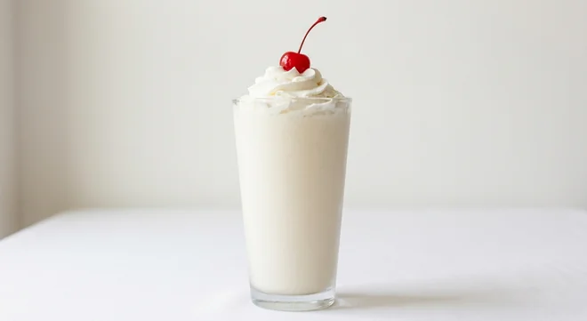 Chick-fil-A Vanilla Milkshake, vanilla milkshake topped with whipped cream and a cherry in a tall glass, nutrition and calories
