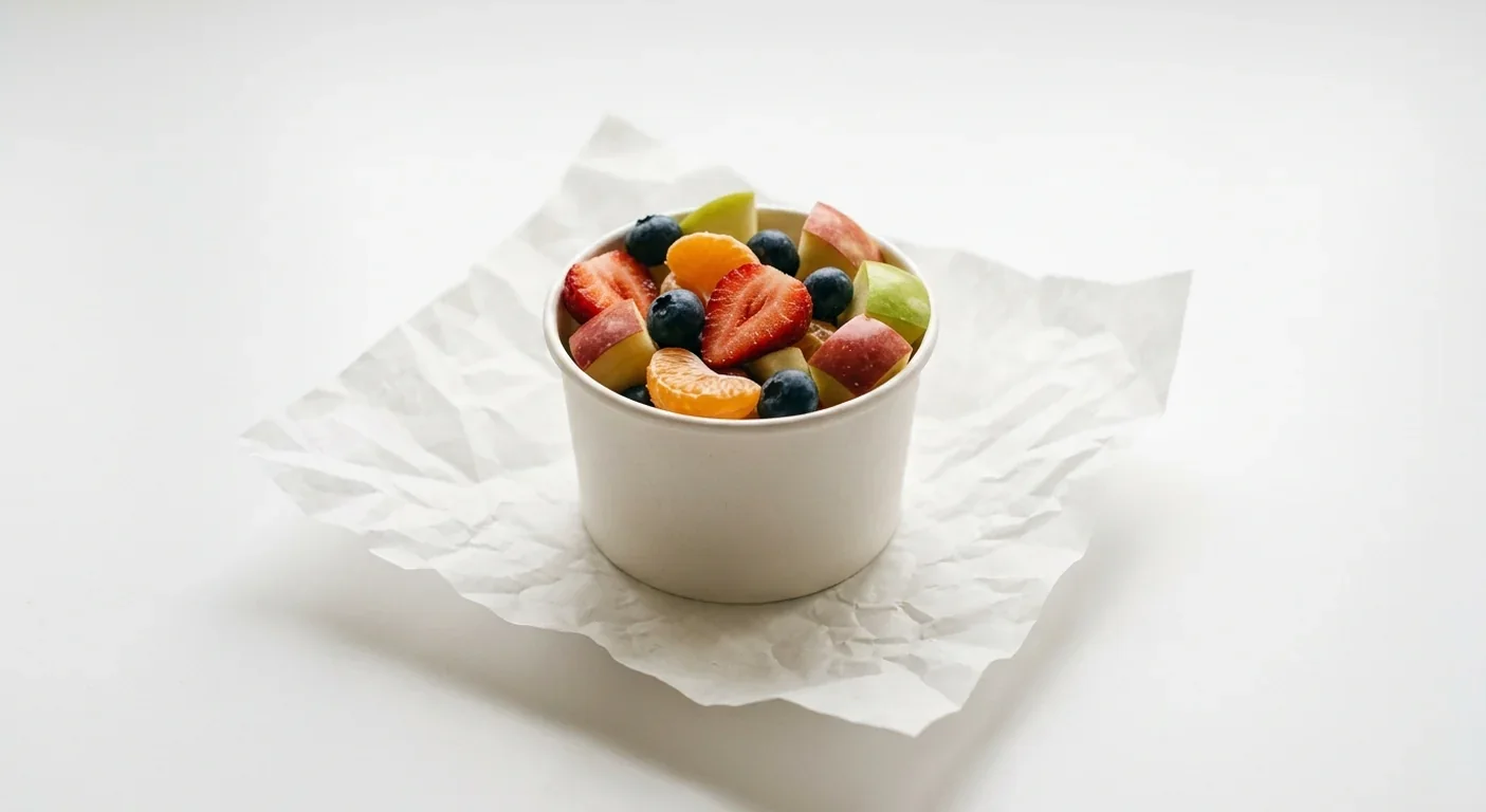 Chick-fil-A Fruit Cup (Regular), strawberries, blueberries, mandarin and apple in a paper pot on white paper, nutrition and calories