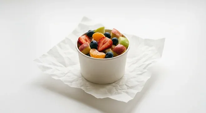 Chick-fil-A Fruit Cup (Regular), strawberries, blueberries, mandarin and apple in a paper pot on white paper, nutrition and calories