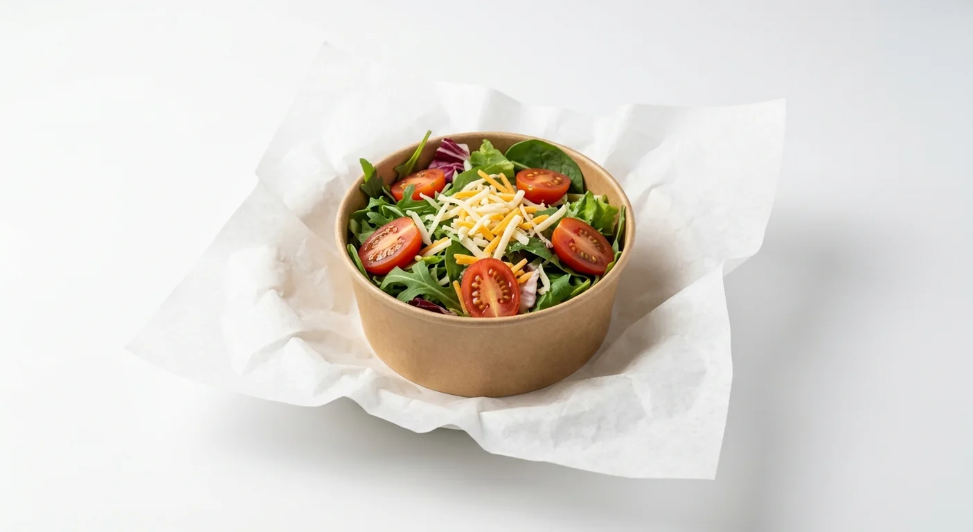Chick-fil-A Side Salad, mixed leaves with grated cheddar and plum tomatoes in a kraft bowl on white paper, nutrition and calories