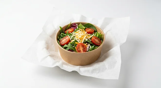 Chick-fil-A Side Salad, mixed leaves with grated cheddar and plum tomatoes in a kraft bowl on white paper, nutrition and calories