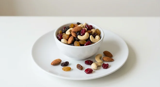 Costa Fruit & Nut Mix, bowl of almonds, cashews, raisins and dried cranberries on a white plate, nutrition and calories
