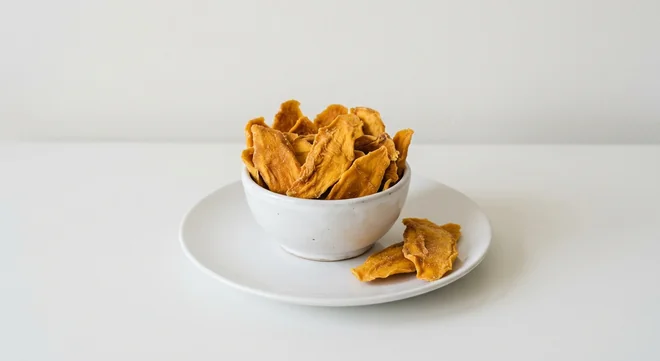 Costa Dried Mango, bowl of dried mango slices on a white plate, nutrition and calories