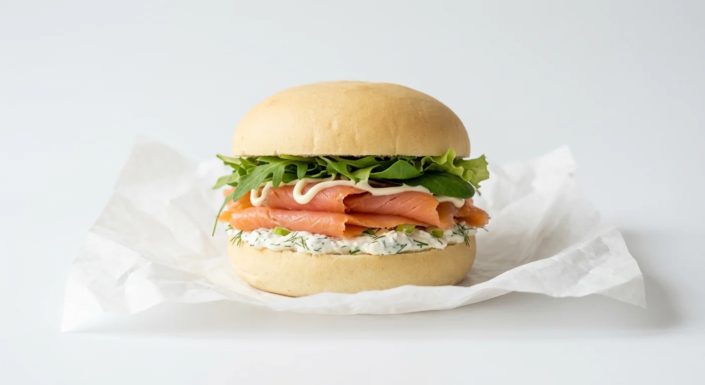 LEON Smoked Salmon and Cream Cheese Muffin with Gluten-Free Bun, gluten-free bun with smoked salmon, dill cream cheese and leaves on white paper, nutrition and calories