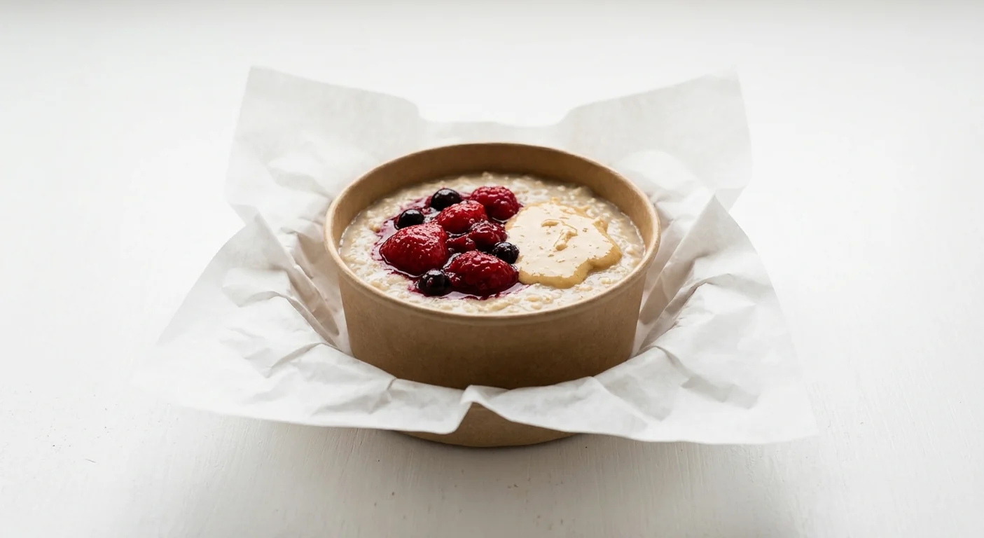 LEON Ruby Red Porridge (Cow's Milk), porridge topped with red berry compote and coconut almond butter in a kraft bowl on white paper, nutrition and calories