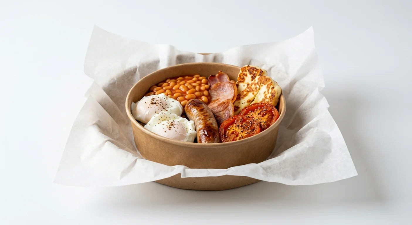 LEON Big Breakfast Box, poached eggs, baked beans, Cumberland sausage, bacon, halloumi and roasted tomatoes in a kraft bowl on white paper, nutrition and calories