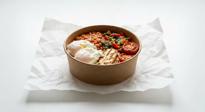 LEON The Halloumi Breakfast Box, poached eggs, baked beans, green shakshuka, grilled halloumi and roasted tomatoes in a kraft bowl on white paper, nutrition and calories