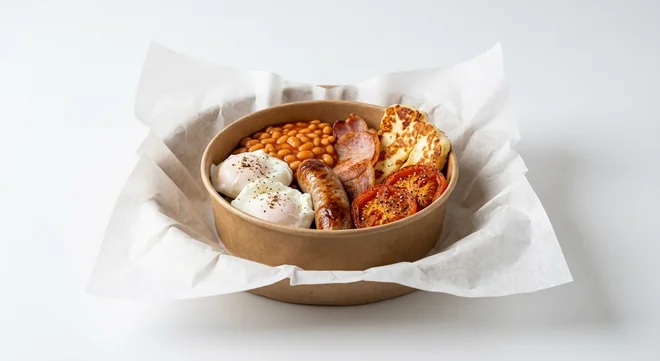 LEON Big Breakfast Box, poached eggs, baked beans, Cumberland sausage, bacon, halloumi and roasted tomatoes in a kraft bowl on white paper, nutrition and calories
