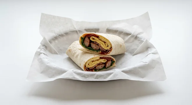 LEON The Full Monty, egg omelette, bacon, sausage, spinach and ketchup flatbread wrap cut in half on white paper, nutrition and calories