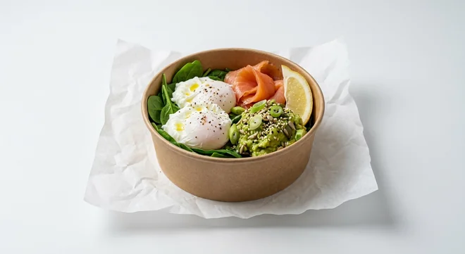 LEON The Salmon Breakfast Box, poached eggs, smoked salmon, smashed avocado, spinach, seeds and lemon in a kraft bowl on white paper, nutrition and calories