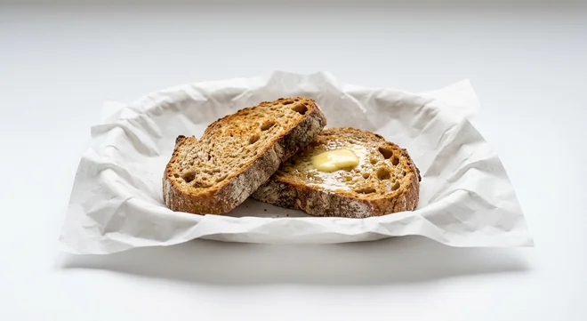 LEON Sourdough Toast, two slices of toasted wholemeal sourdough with butter on white paper, nutrition and calories