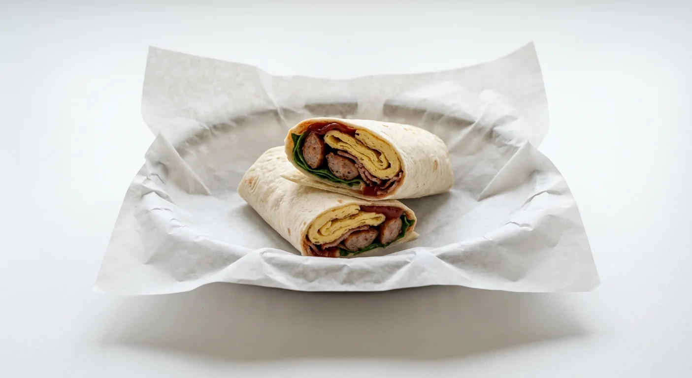 LEON The Full Monty, egg omelette, bacon, sausage, spinach and ketchup flatbread wrap cut in half on white paper, nutrition and calories