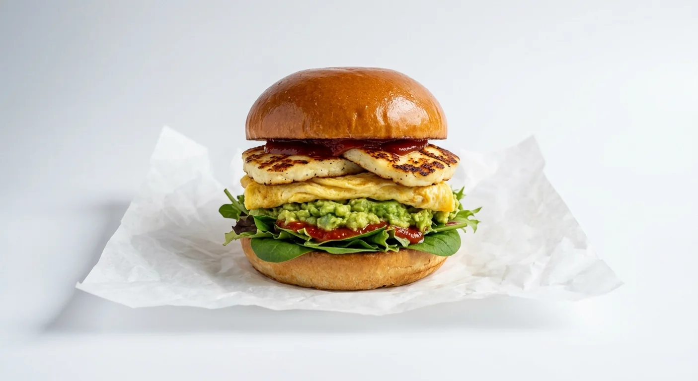 LEON Halloumi, Egg and Avo Sando, sourdough bun with grilled halloumi, egg omelette, smashed avocado, chilli sauce, ketchup and leaves on white paper, nutrition and calories