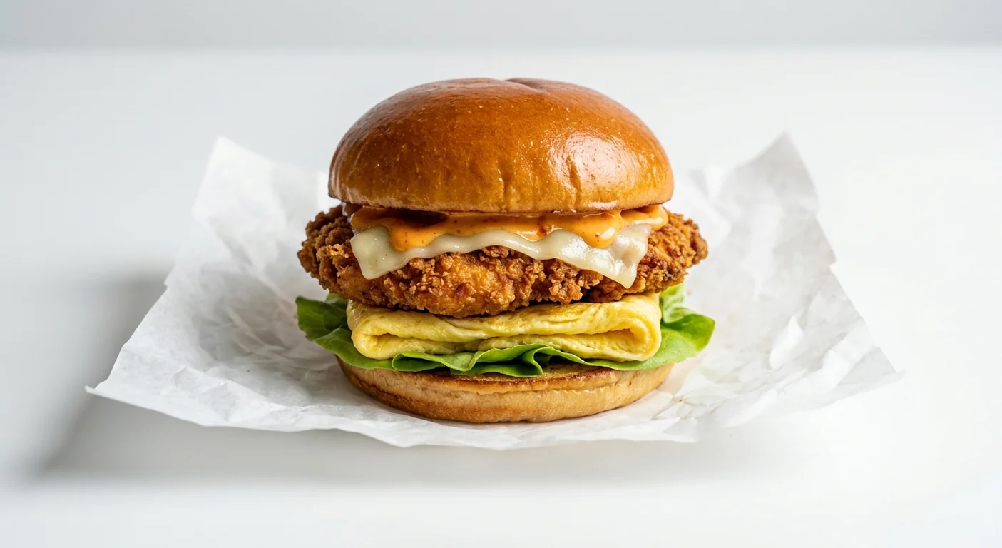 LEON Korean Chicken and Egg Sando, sourdough bun with crispy chicken thigh, egg omelette, provolone, Korean mayo and leaves on white paper, nutrition and calories