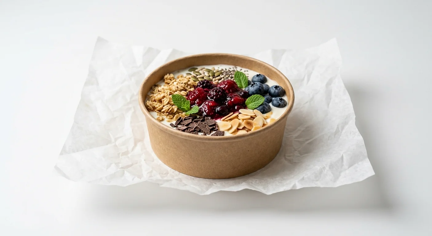 LEON Very Berry Granola, yoghurt topped with granola, berry compote, blueberries, almonds and chocolate flakes in a kraft bowl on white paper, nutrition and calories
