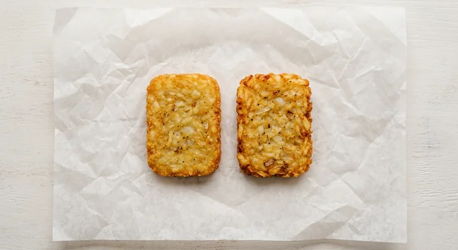 LEON Hash Browns, two golden crispy potato hash browns on white paper, nutrition and calories