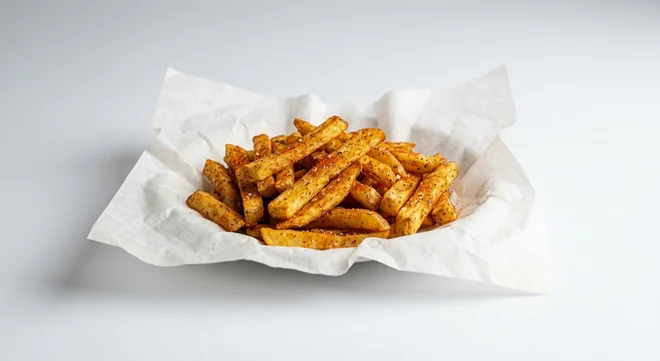 LEON Baked Fries, golden baked fries with a light paprika spice coating on white paper, nutrition and calories
