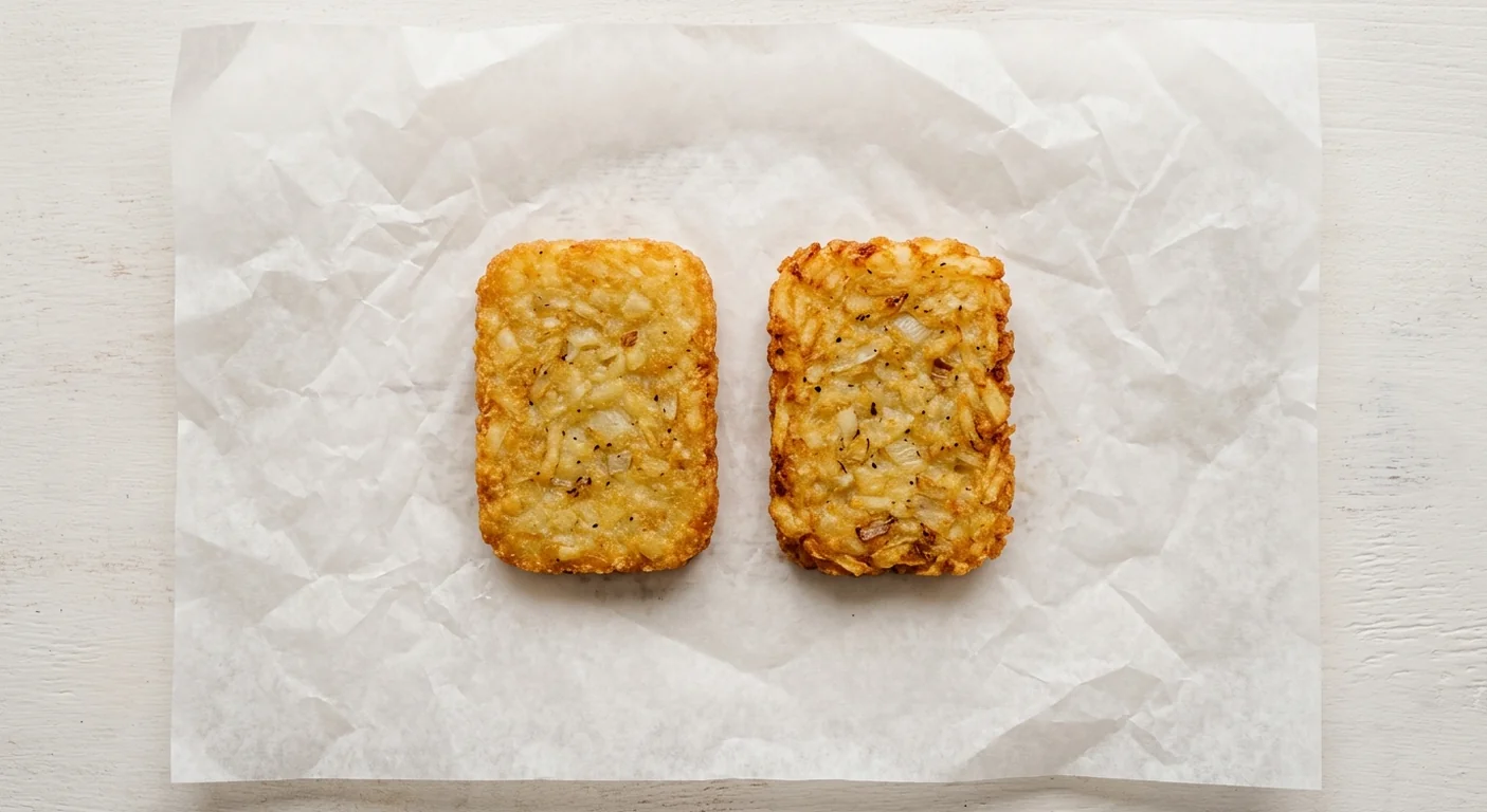 LEON Hash Browns, two golden crispy potato hash browns on white paper, nutrition and calories