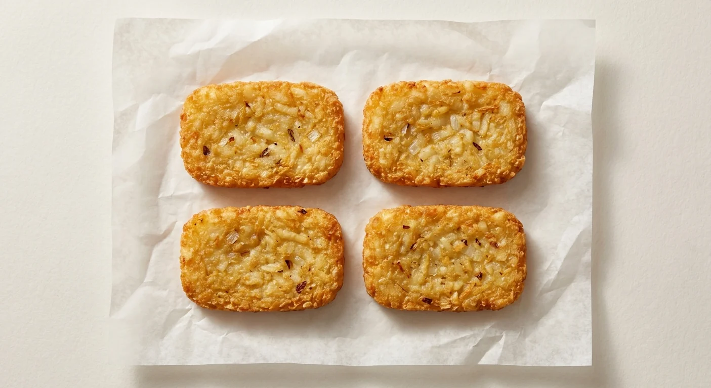 LEON Hash Browns (Large), four golden crispy potato hash browns on white paper, nutrition and calories
