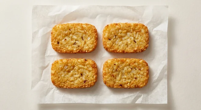 LEON Hash Browns (Large), four golden crispy potato hash browns on white paper, nutrition and calories