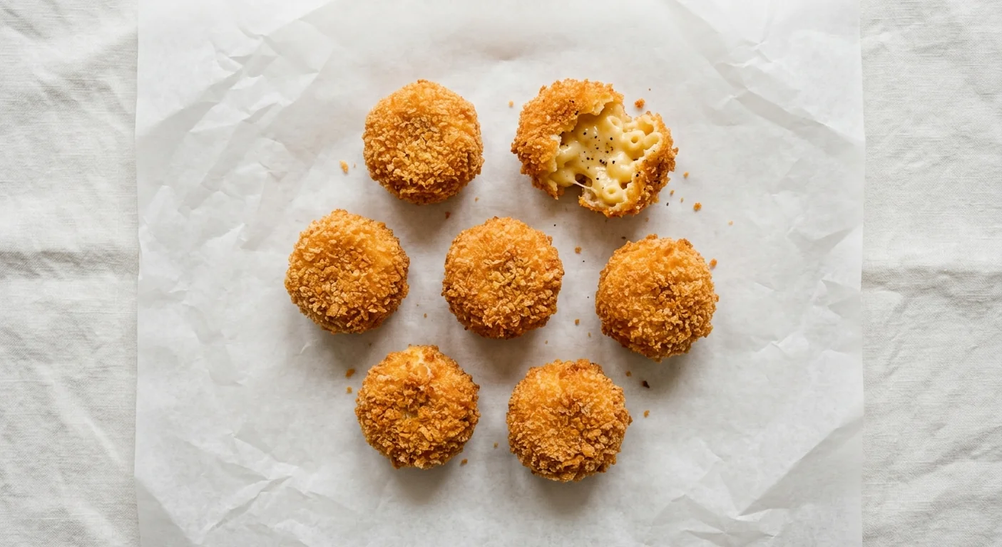 LEON Cheddar and Black Pepper Mac Bites (7), seven breaded cheddar mac and cheese bites, one broken open on white paper, nutrition and calories