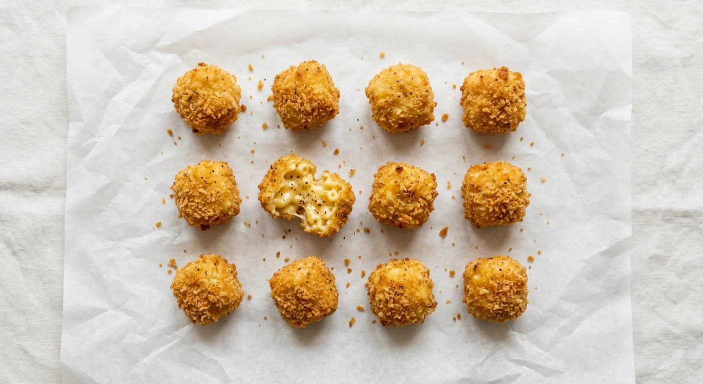 LEON Cheddar and Black Pepper Mac Bites (12), twelve breaded cheddar mac and cheese bites, one broken open on white paper, nutrition and calories