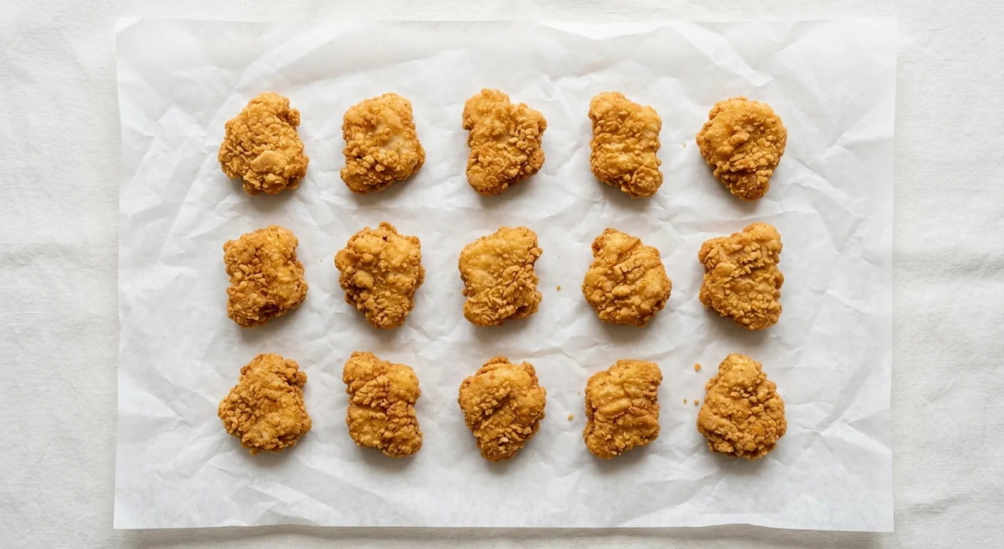 LEON GFC Crispy Chicken Nuggets Bucket (15 Pieces), fifteen crispy gluten-free chicken thigh nuggets on white paper, nutrition and calories