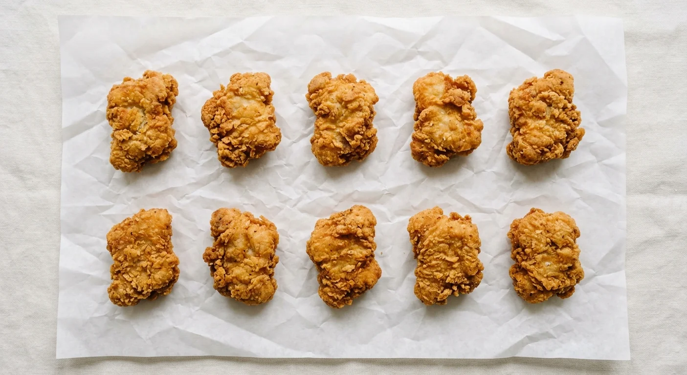 LEON GFC Crispy Chicken Nuggets (10 Pieces), ten crispy gluten-free chicken thigh nuggets on white paper, nutrition and calories