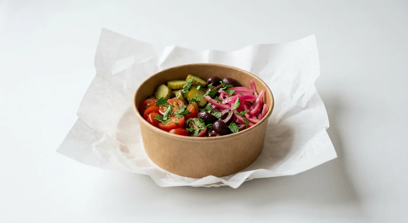 LEON Cheeky Side Salad, tomato, gherkin, olive and pickled onion salad with herbs in a small kraft bowl on white paper, nutrition and calories